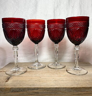 VTG Set Of 4 Ruby Red Clear Stem Luminarc Cristal d’Arques Durand Wine Glasses
