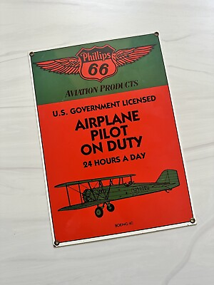 #ad CLEARANCE Vintage Phillips 66 Boeing Airplane Pilot on Duty Porcelain Metal Sign