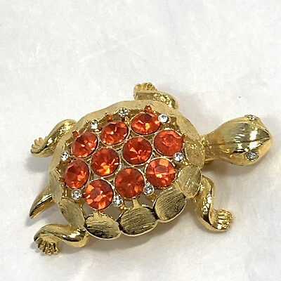 #ad Vintage Orange Rhinestone Gold Tone Turtle Pin Dimensional Design Sparkling 2quot;
