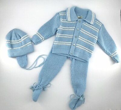 #ad Vintage Knit Baby Sweater Set w Hat amp; Pants Blue 100% Acrylic 12 mos Japan