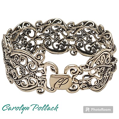 #ad CAROLYN POLLACK RELIOS 925 Silver Vintage Open Swirl Filigree Panel Bracelet