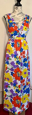 Vintage 1970’s Tempo Bright Floral Maxi Dress Lingerie Lounge Wear V Neck Small