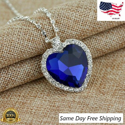 Titanic Heart of The Ocean Sapphire Crystal Necklace Silver Plated Simulated