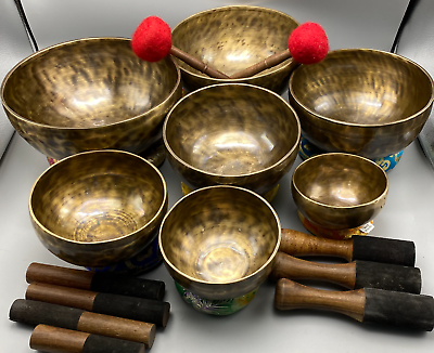 #ad 5quot; 10quot; Chakra frequency tuned antique SINGING BOWL SET OF 7 Handmade in Nepal