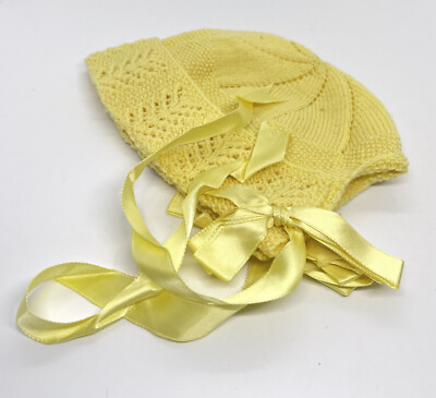 #ad Mustard Yellow Vintage Knit Baby or Doll Hat Size 16”