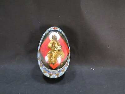 Russian Wooden Egg Hand Painted With Christ Details Size 4quot; Tall No Stand