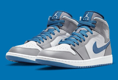 #ad Nike Air Jordan 1 Mid True Blue Grey White Shoes Men DQ8426 014 GS DQ8423 014