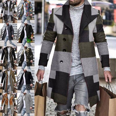 #ad Mens Jacket Plaid Outwear Slim Fit Long Sleeve Men Trench Coat Holiday Casual