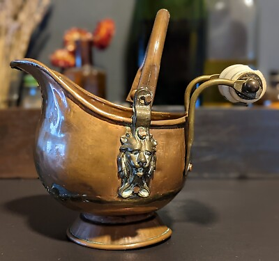 #ad Vintage Copper Brass Ceramic Blue White Handle Coal Scuttle Bucket Lion Head