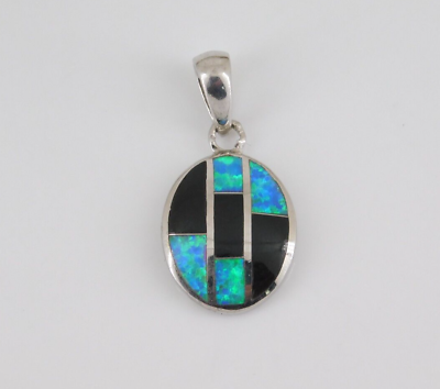 #ad 925 Sterling Silver Opal amp; Onyx Pendant