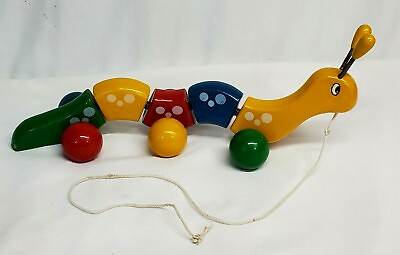 Vtg Kouvalias CATERPILLAR Colorful Wooden GREEK 15quot; Pull Toy Made in Greece RARE
