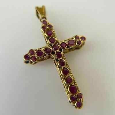 #ad 2.10Ct Round Cut Simulated Red Ruby Cross Vintage Pendant 14K Yellow Gold Plated