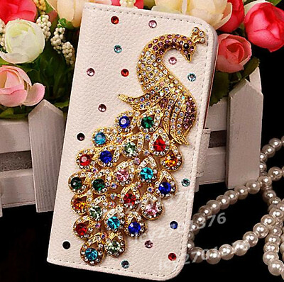 Girly Luxury Bling Diamonds Crystal Peacock Leather Flip Wallet Phone Cover Case