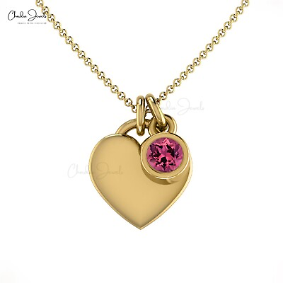 #ad 14 Solid Gold Heart Shaped Necklace 3mm Round Natural Pink Tourmaline Necklace