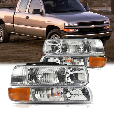 #ad 4pcs Headlight Bumper Headlamps for 99 02 Chevy Silverado Chrome Housing KAC
