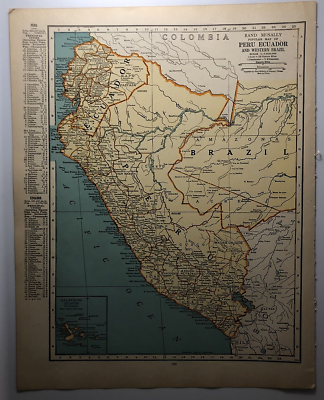 #ad 1947 Antique PERU amp; ECUADOR Authentic Old Atlas Map Rand McNally World Atlas