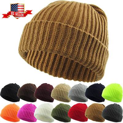 THICK Ribbed Beanie Knit Ski Cap Skull Hat Warm Solid Color Winter Cuff Blank
