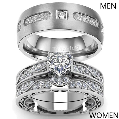 Couple Rings Titanium Mens Wedding Band 1ct Heart CZ Women#x27;s Wedding Ring Sets