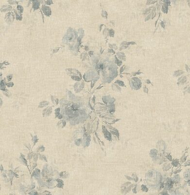#ad Wallpaper Designer Faded Blue Gray Floral Taupe Faux Linen 56 sq ft bolt