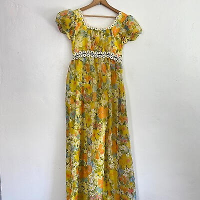 #ad Vintage 60s Floral Maxi Dress Women Size Small Yellow Empire Waist