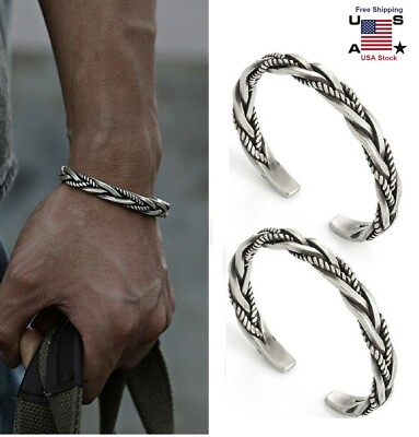 #ad 2× Men Sterling Silver Cuff Bracelet Jewelry Retro Twisted Braided Open Bracelet