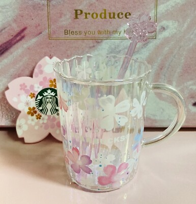 #ad NEW Starbucks Pink Sakura Mug Glass Cup w Glass Cherry Blossom Stir rod Coaster