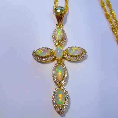 #ad 14K Yellow Gold Plated 3Ct Marquise Cut Natural Fire Opal Pendant Cross Necklace