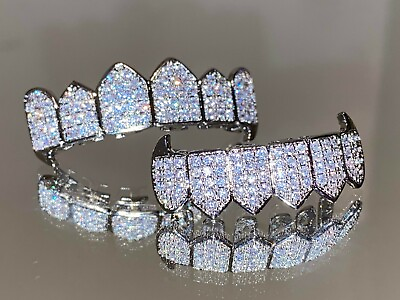 Italy Silver Filled CZ Cluster Custom Slugs Top Bottom Fang GRILLZ Mouth Set