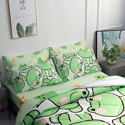 #ad 7 Piece Frog Comforter Set for Kids Boys and Girls Frog Sheets Set Queen Size Mi