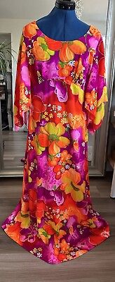 #ad #ad Vintage 60s 70s Pomare Neon Pink Orange Floral Hawaiian Maxi Dress
