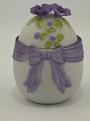 Vintage 1984 Lefton China Easter Egg with Lid Hand Painted Purple Flowers Bow