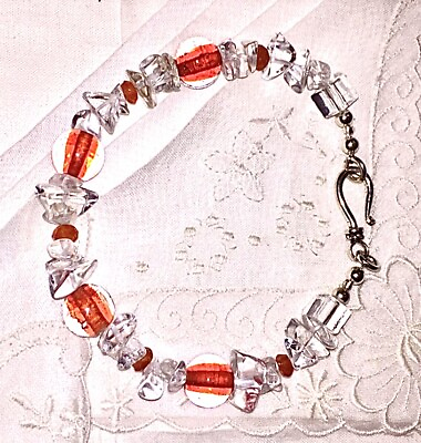 #ad Sterling Silver Clear Red Art Glass Bead Bracelet Handmade Boho Vtg NEW
