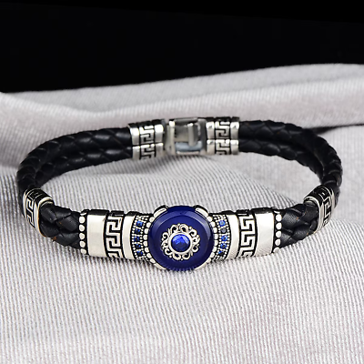 #ad Silver Handmade Bracelet Silver Leather Evil Eye Bracelet Blue Stone Bangle