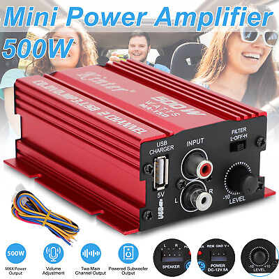 #ad 500W 12V 2 Channel Powerful Stereo Audio Power Amplifier HiFi Bass Amp Car Home
