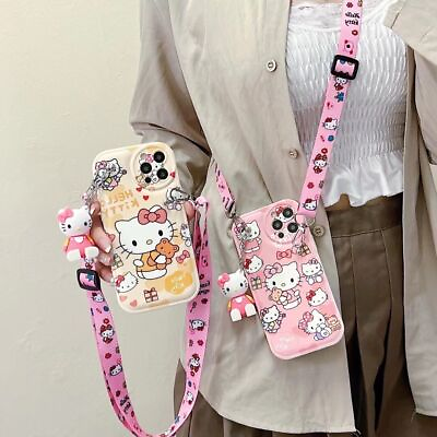 Cute Hello Kitty Stand Shoulder Strap Case Cover for iPhone 11 12 13 14 Pro Max