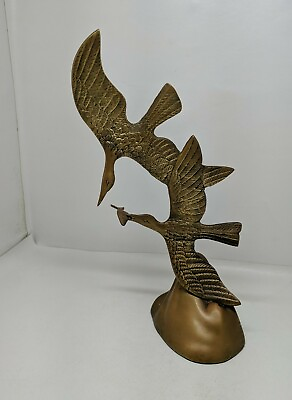Vintage Solid Brass Sculpture Two Birds in Flight Catching a Fish