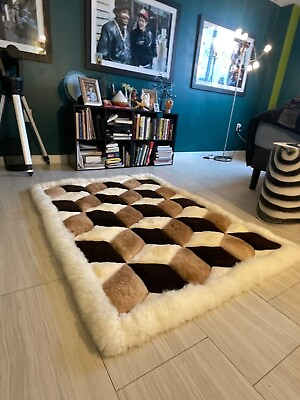 Peru leather alpaca fur wall hanging Plush Geometric Squares Vintage Tapestry