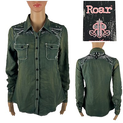 #ad Roar Womens XS Shirt Rhinestone Embellished amp; Embroidered Western Green NEW