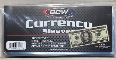 #ad 100 BCW Regular Currency 2 Mil Soft Poly Sleeves Holder Storage US Note Bill