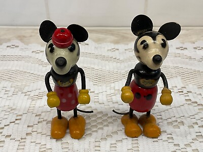 Antique 1930#x27;s Walt Disney Mickey And Minnie Mouse FLEX Wood Figures