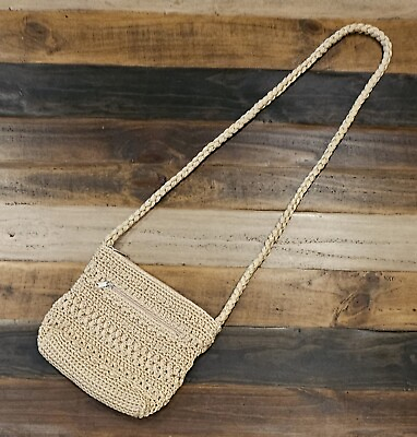 #ad Lina Tan Purse Crochet Handbag 9quot; x 8quot; Outside amp; Inside Zipper Compartments