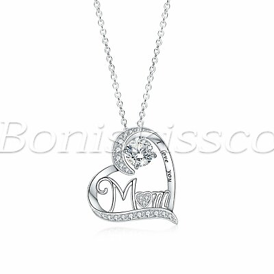 #ad 925 Sterling Silver Cubic Zirconia Mom I Love you Heart Necklace Birthday Gift