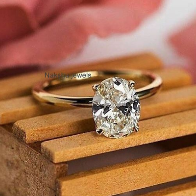 #ad 3Ct White Oval Cut Moissanite Solitaire Engagement Ring In Solid 14K Yellow Gold