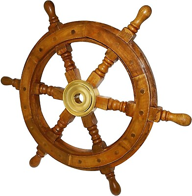 #ad 18quot; Wooden Ship Steering Wheel Nautical Pirate Decor Wood Brass Fishing Boat new