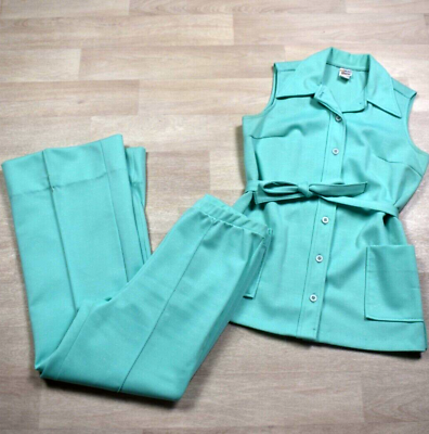 #ad 70s JC Penney Polyester 2 Piece Tunic Top Trousers Set Teal Aqua VTG Size 12