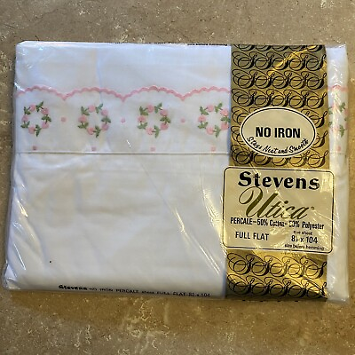 Vintage Stevens Utica FULL FLAT Sheet Percale White Embroidery Scallop NOS New