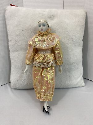 #ad VINTAGE 80#x27;s Pierrot Porcelain Clown DOLL Hand painted Iridescent Shimmer
