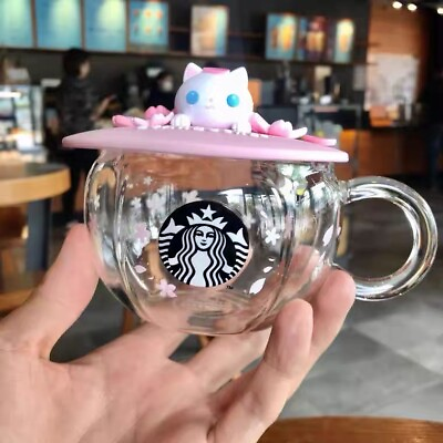 #ad #ad Starbucks Mugs Pink Cherry Blossom Small Glass Cups Coffee Mug W Sakura Cat Lid