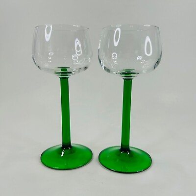 #ad Vintage Luminarc Green Stem Rhine Wine Glasses 6.5quot; France Emerald Set of 2