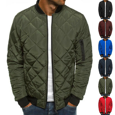 Mens Solid Full Zip Quilted Bomber jacket Lightweight Slim Fit Coats Outerwear